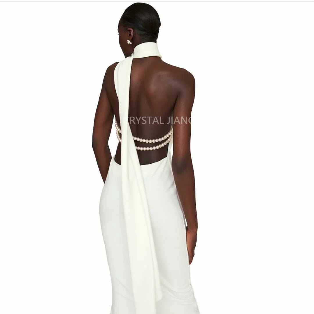 Ivory Wedding Dresses Long Haler Neck White Dress Sleeveless Backless Sheath Floor Length