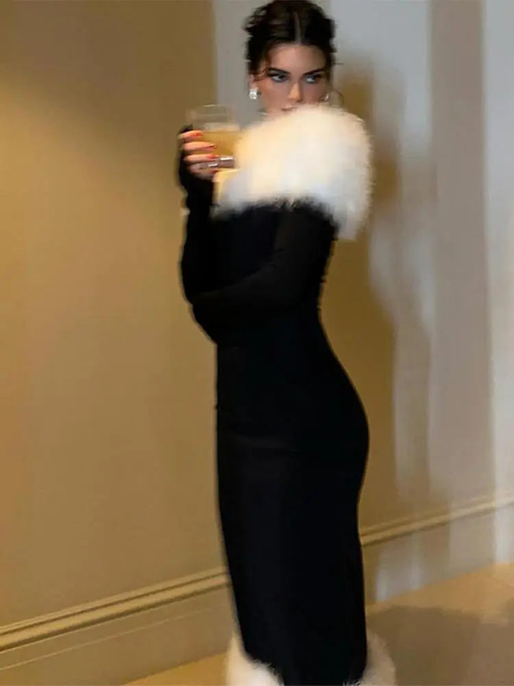 Luxurious Evening Dresses Sexy One Shoulder Patchwork Fur Dress