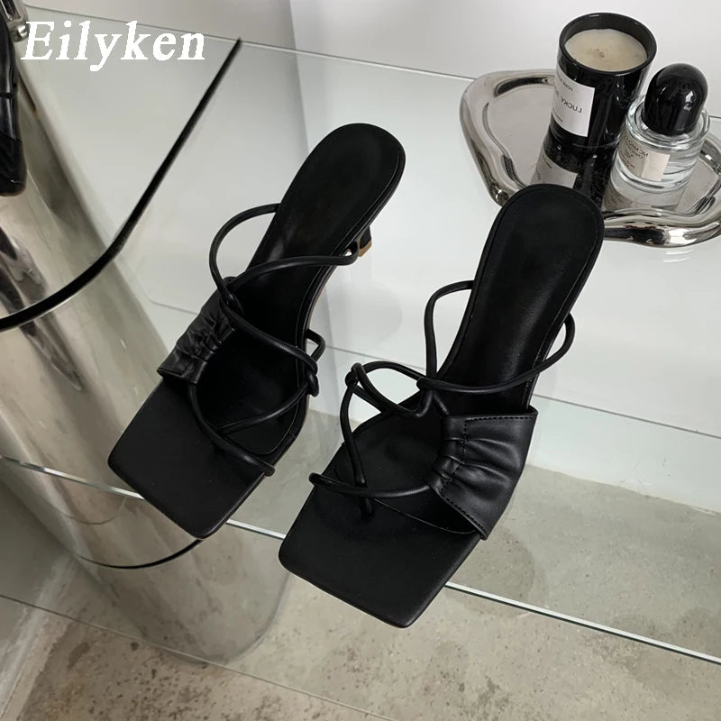 Gold Narrow Band Women Slipper Female Square Pinch Toe Low Heel Slides Sandal Flip Flops Mujer Shoes