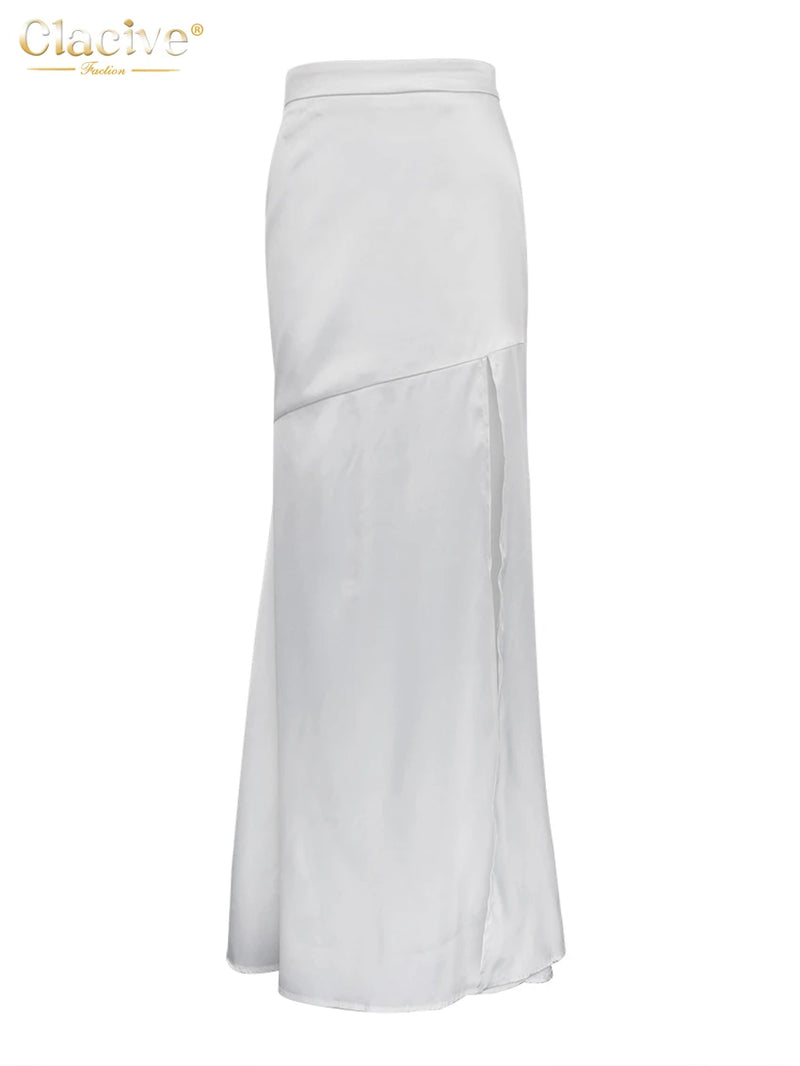 Clacive White Satin Long Maxi Skirts