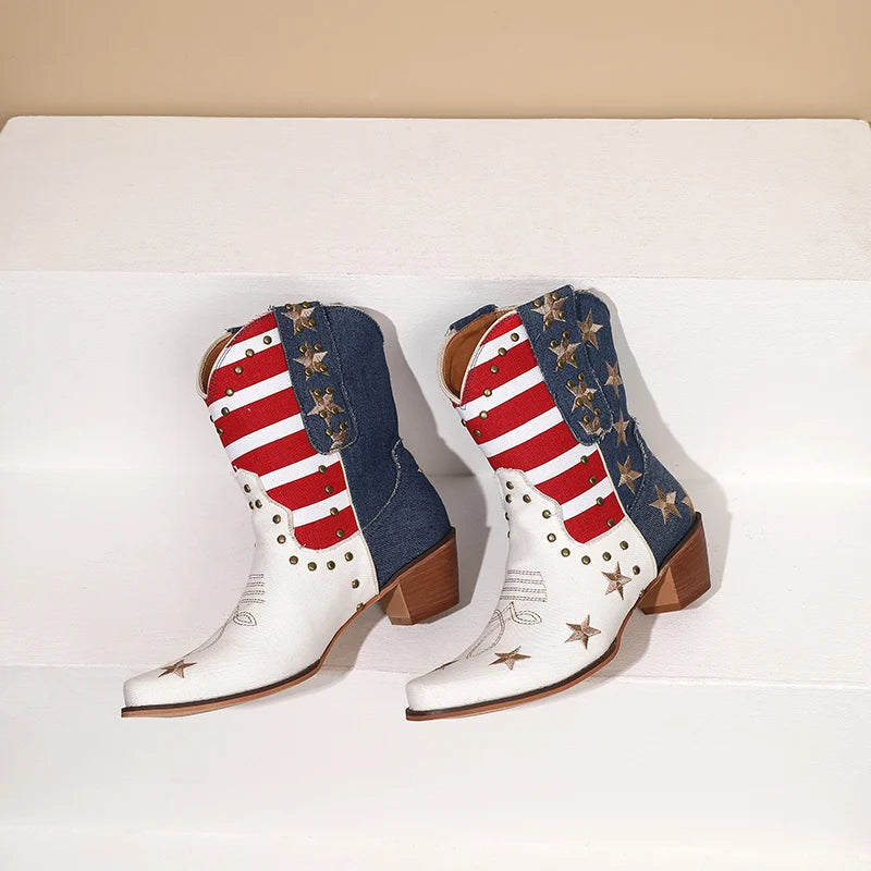 Cowgirl Cowboy Western Boots USA Flag Ankle Booties Denim Stars Stripes Heeled Shoes 2025 New Footwear