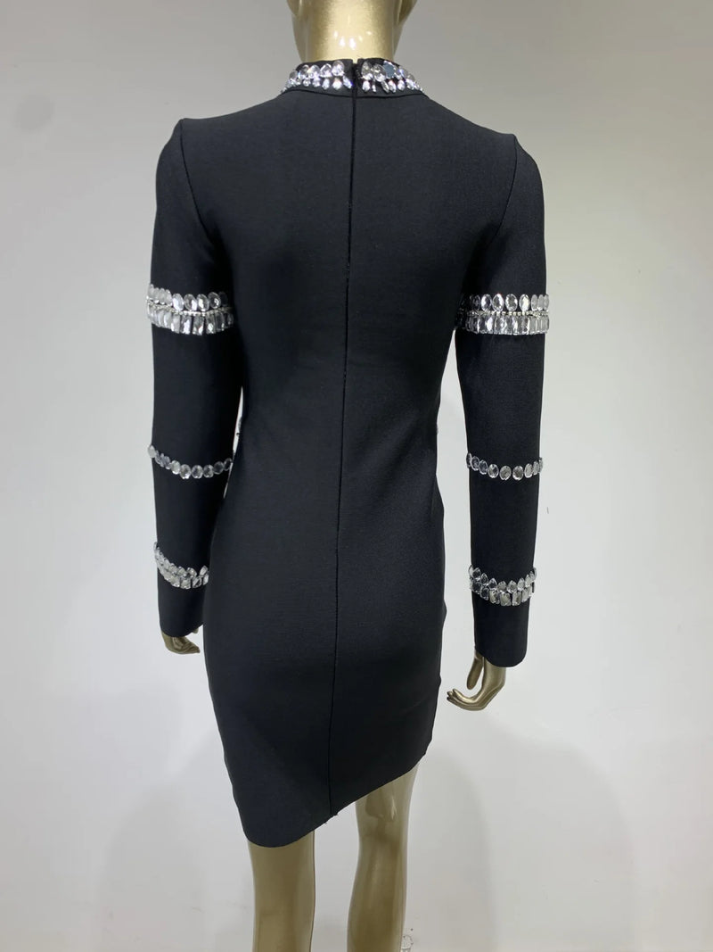 Brand New Winter Turtleneck Beading Long Sleeve Black Mini Bandage Dress