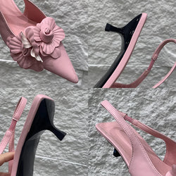 Flower Eegant Women Sandals Heeled Pointed Toe Ladies Low Heel Sandals Pumps Shoes