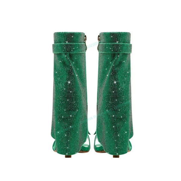 Green Crystal Decor Mid Calf Boots Square Open Toe Shoes Zapatos Para Mujere