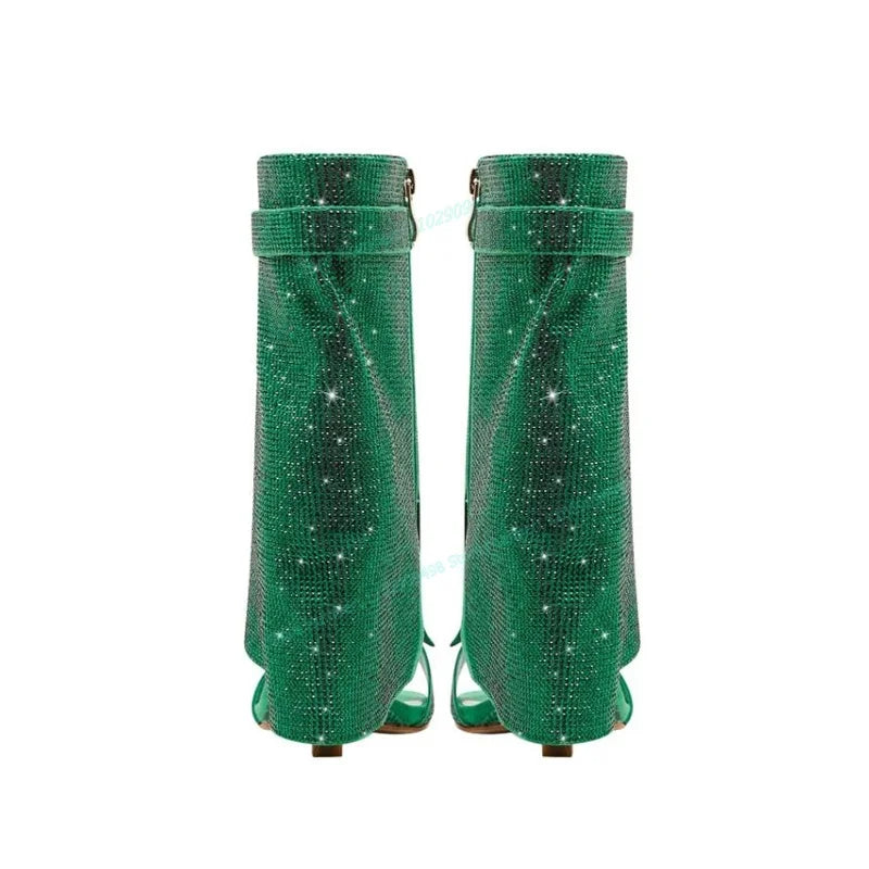 Green Crystal Decor Mid Calf Boots Square Open Toe Shoes Zapatos Para Mujere