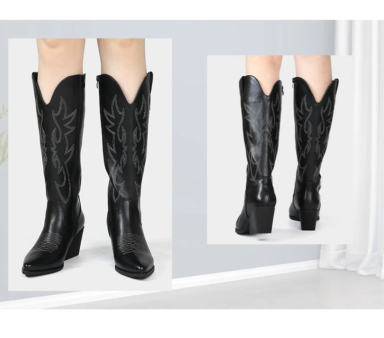 Cowgirl New Western Cowboy Boots Women Autumn Pointed Toe Thick Heel High Knee Boots
