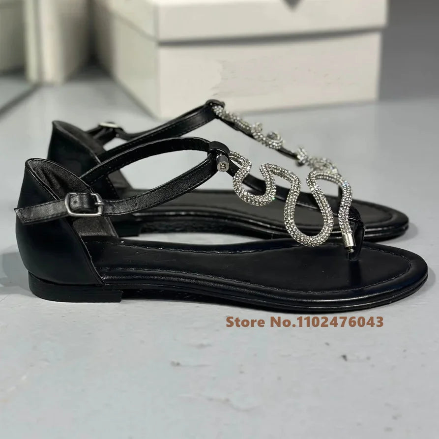 Black Crystal Flat Sandals Snake Shape Rhinestone Genuine Leather Cover Heel Flip Fops Leisure Beach Shoes