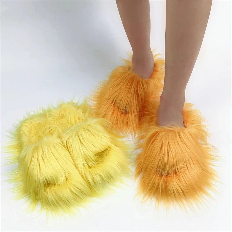 Faux Fur Slippers Women Winter Plush Warm Home Flat Slides