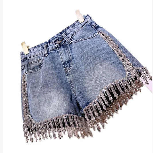 Rhinestone Fringed High Waist Denim Shorts Flash Wimen's High-end Diamond Tassel Short Jeans Hot Pants 2025