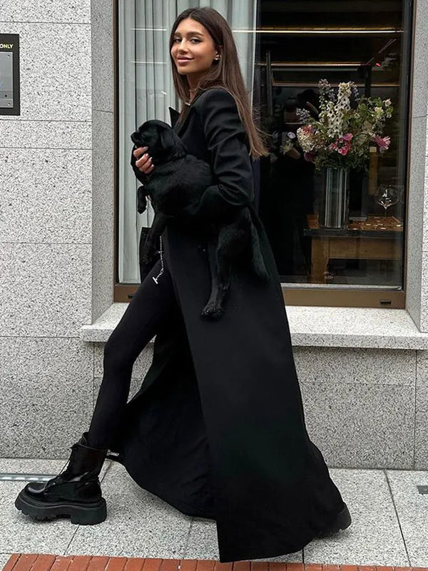 Black Vintage Lapel Collar Women Floor Length Coat Long Sleeve Oversized Loose Elegant Overcoat 2023 Autumn Chic High Streetwear