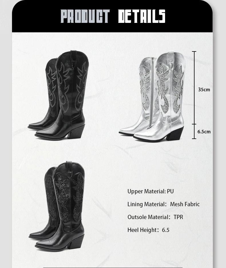 Cowgirl New Western Cowboy Boots Women Autumn Pointed Toe Thick Heel High Knee Boots