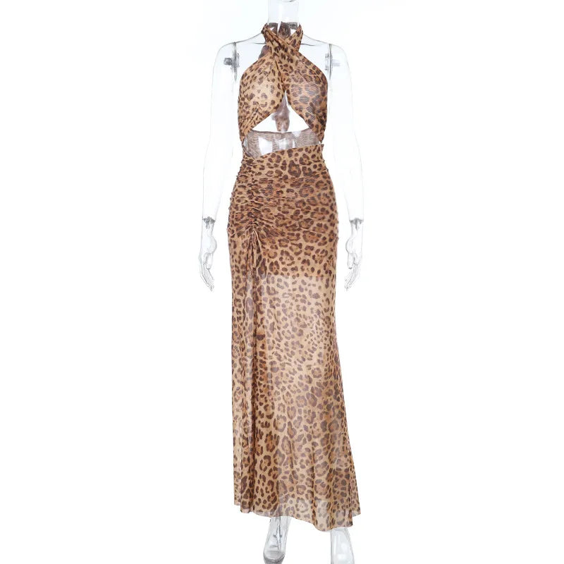 Women Leopard Print Bodycon Maxi Dress Hollow Out Cross Halter Lace Up Backless Drawstring Split Holiday Party Long Dress