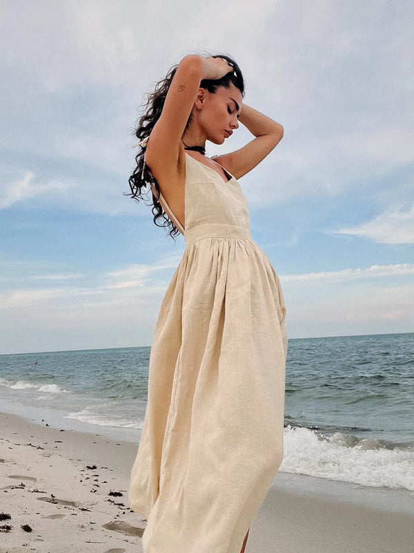 Bornladies Spring Summer Beach Style Women Dress Vintage Loose A-line Sling Dress