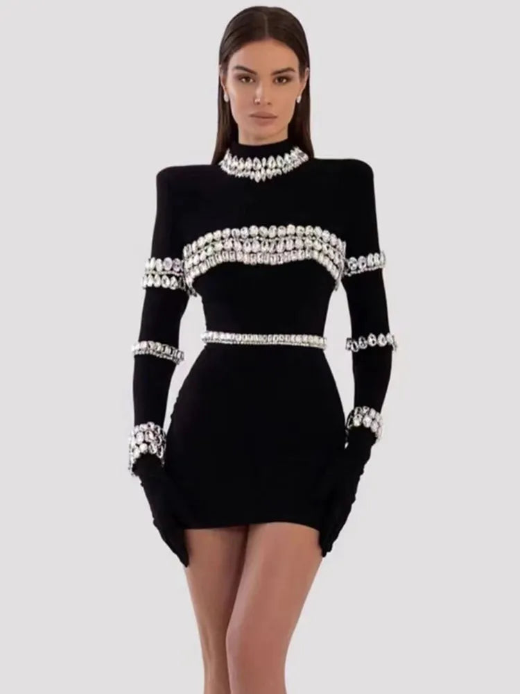 Brand New Winter Turtleneck Beading Long Sleeve Black Mini Bandage Dress