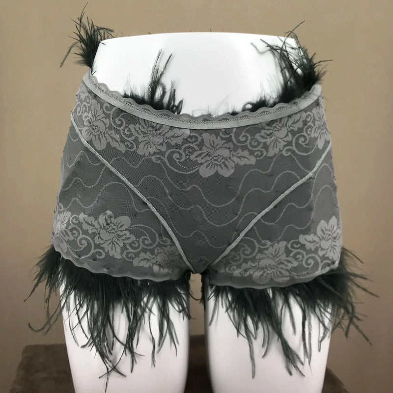 Natural Ostrich Fur Feather Shorts Hot Pants Furry Fluffy Tight Pants