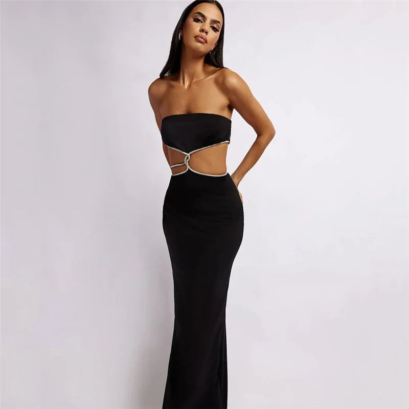 Puloru Black Off Shoulder Party Tube Top Dress Elegant Retro Sleeveless Strapless Dress