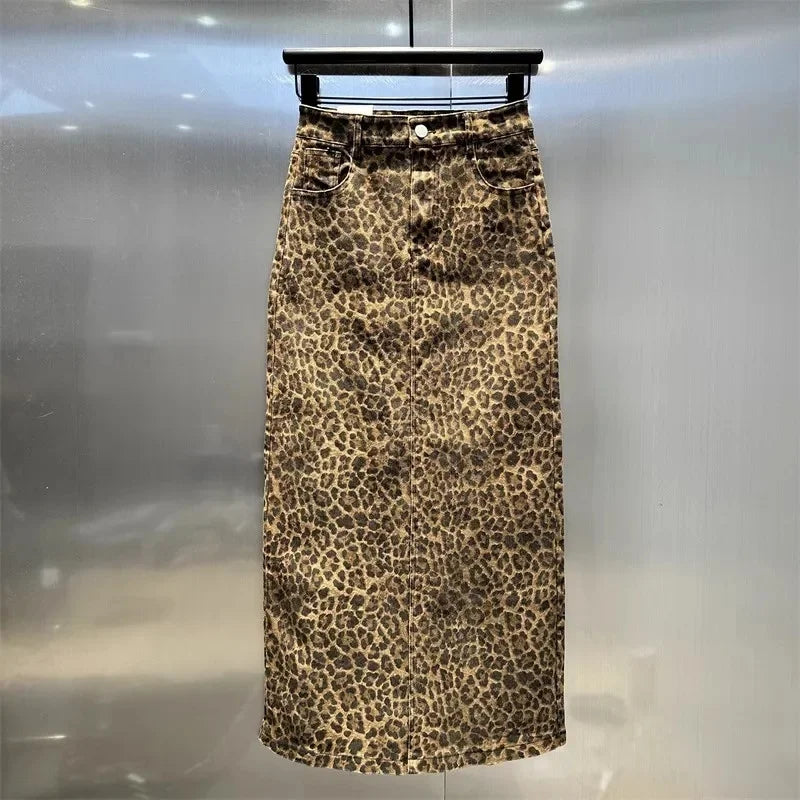 New Temperament Leopard Fashion Skirt spring Summer And Autumn New High Waist Slim Fashion Leopard Denim Hip Skirt