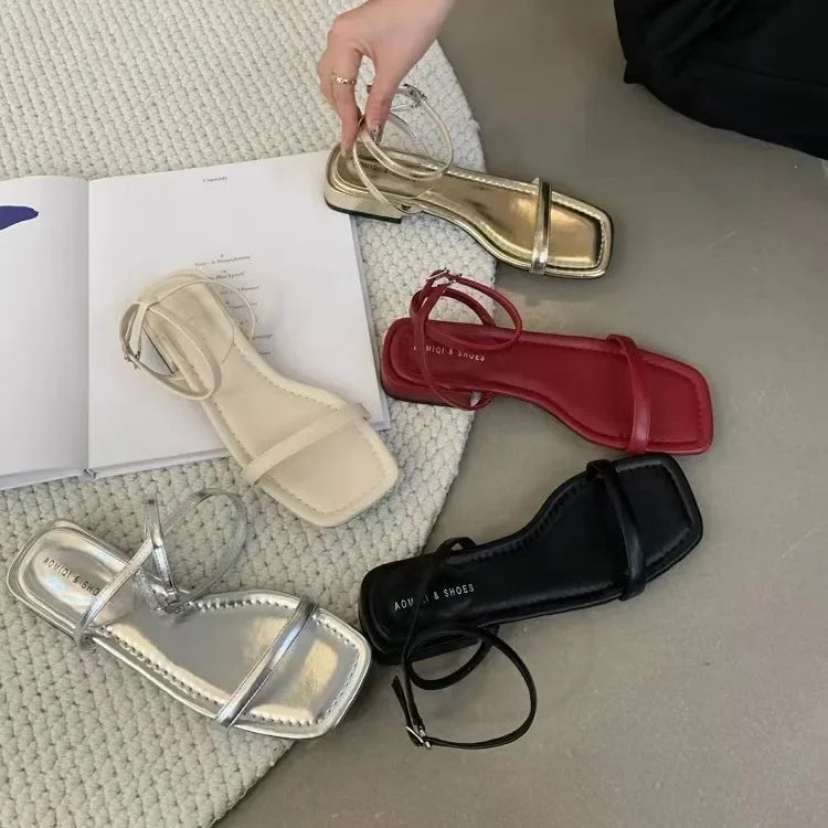Spring Autumn New Fashionable Korean Style Casual Low Heel Square Toe Sandals With Dress Beach Sea