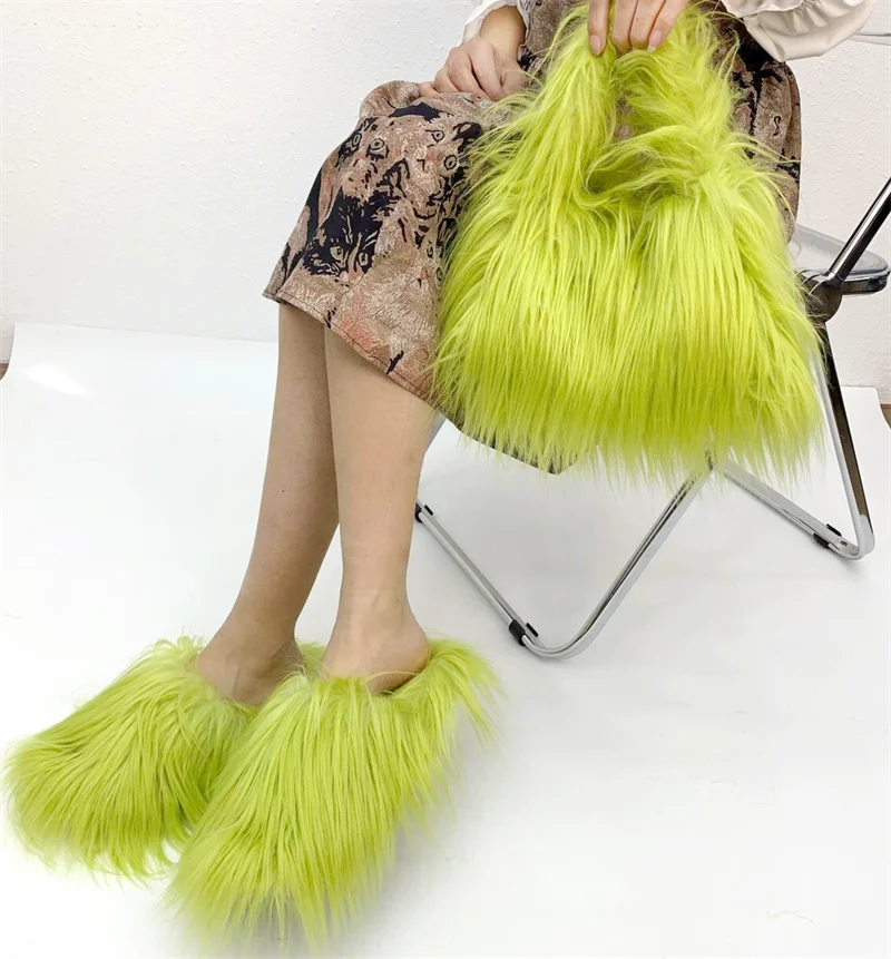 Faux Fur Slippers Women Winter Plush Warm Home Flat Slides