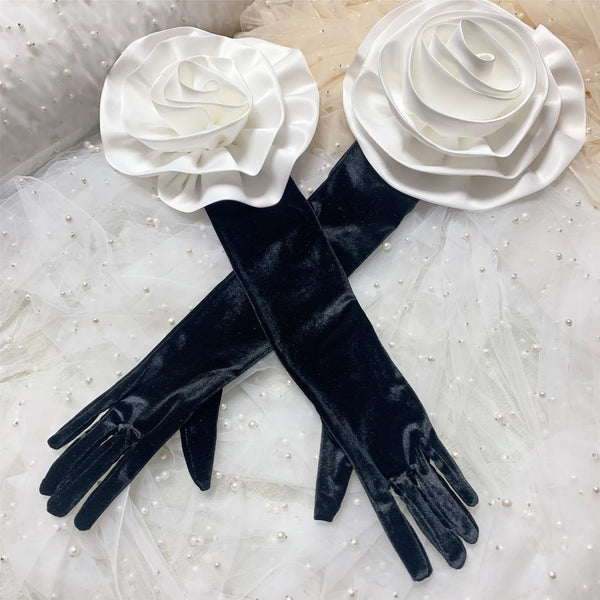 Women's Elegant White Flower Long Black Velvet Glove Female Spring Autumn Vintage Driving Photograph Glove R1690