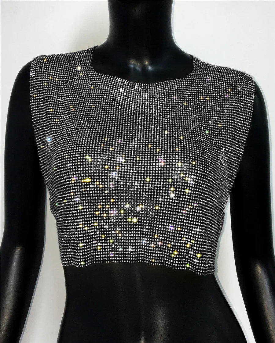 Shiny Rhinestone Sequins Crop Top Sexy Backless Round Neck Metal Tank Top