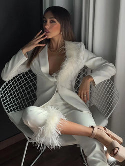 Feather White Two Piece Set for Women Long Sleeve Single Button Blazer and Ankle-length Pants Set