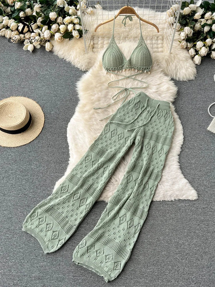 Short Tops+Chic Hollow Knitted Wide Leg Long Pants Two Piece Suit