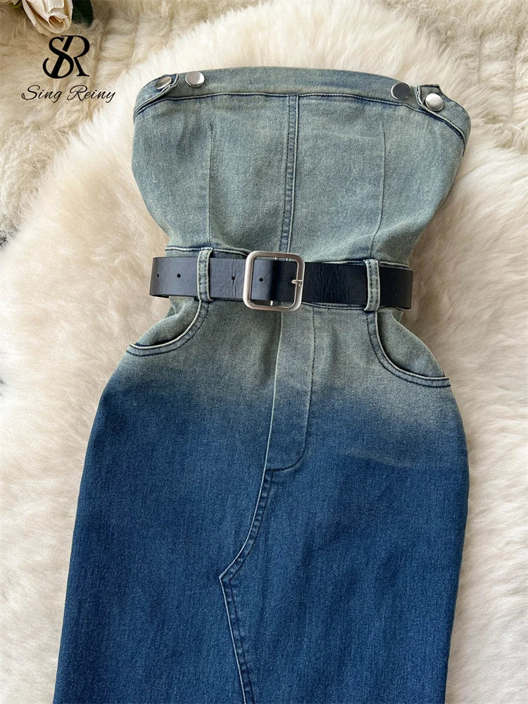 Denim Dress Strapless Gradient Backless Zipper Belt Pocket Split Slim Bodycon Jean Maxi Dress