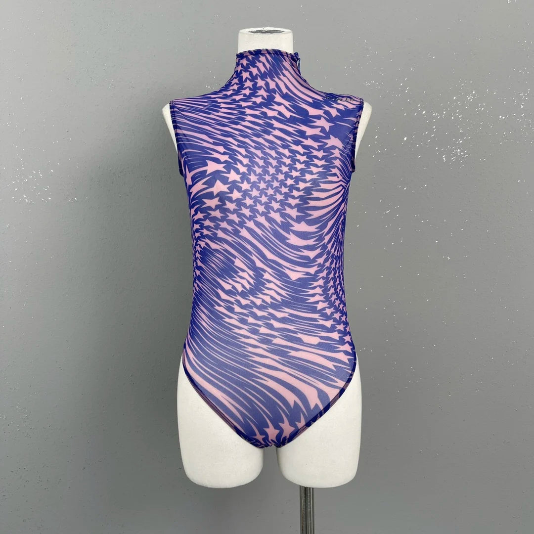 Printed flocked mesh backless sleeveless bodysuit