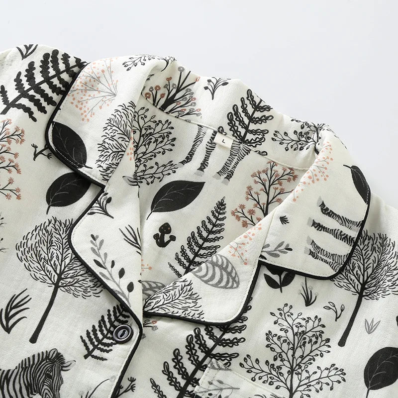 Zebra Print Pajamas for Women Turn-down Collar Lace Cuffs Long-sleeved  Trousers Loose Loungewear Cotton Double-layer Set