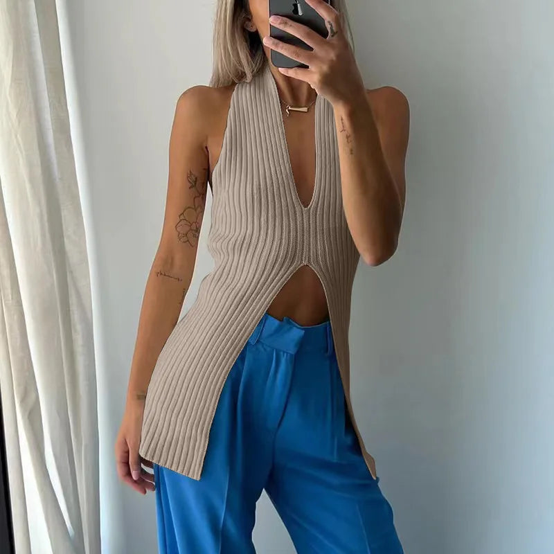 Skinny Knitted Sweater Vest New V-Neck Slit Sleeveless Women's Chic Knit Vest for Women Summer Tops