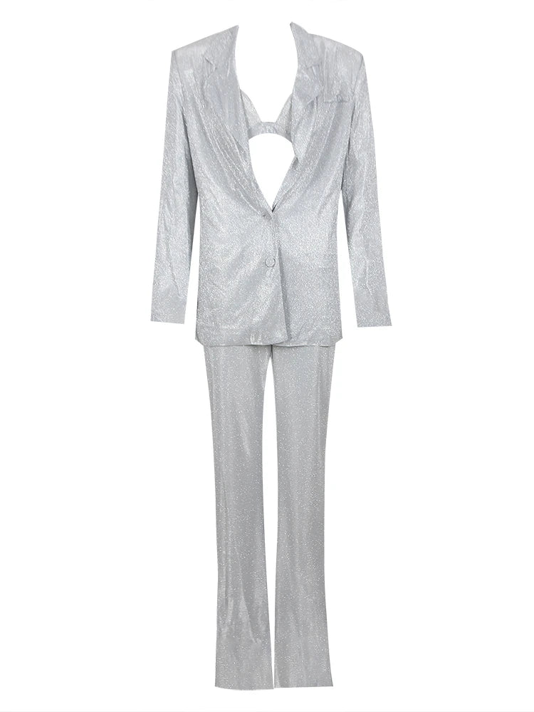 Women's High Quality Silver 3-piece Suit Pants Set Sparkling Fashion Single Row Button Long Suit V-neck Set