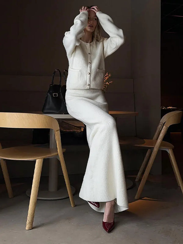 Elegant Knit Long Sleeve Cardigan Dress Set