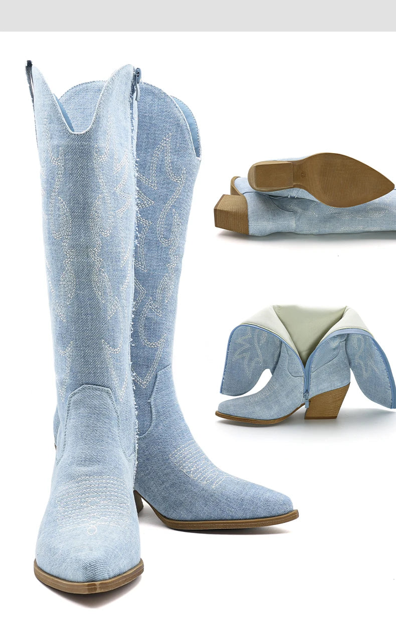 Cowgirl New Western Cowboy Boots Women Autumn Pointed Toe Thick Heel High Knee Boots