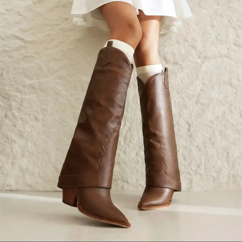 Leather Boots Women Knee High Western Chunky Heel Winter Shoes