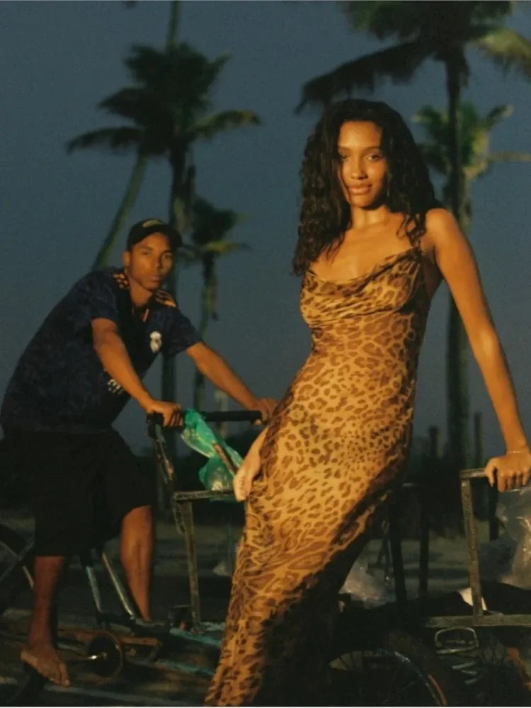 Leopard Printed V-neck Long Dress