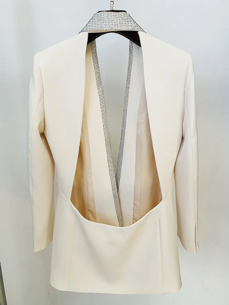 Runway Winter New Long Sleeve Crystal Diamonds Backless Blazer High Street Celebrity Designer Office Jacket