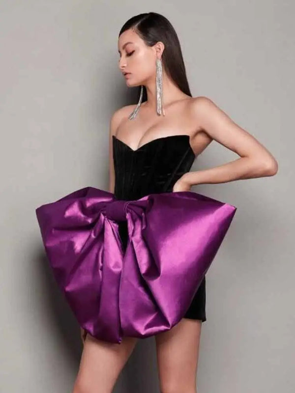 Strapless Color Matching Tight Bandage Dress Mini Big Bow Elegant Celebrity Party Dress