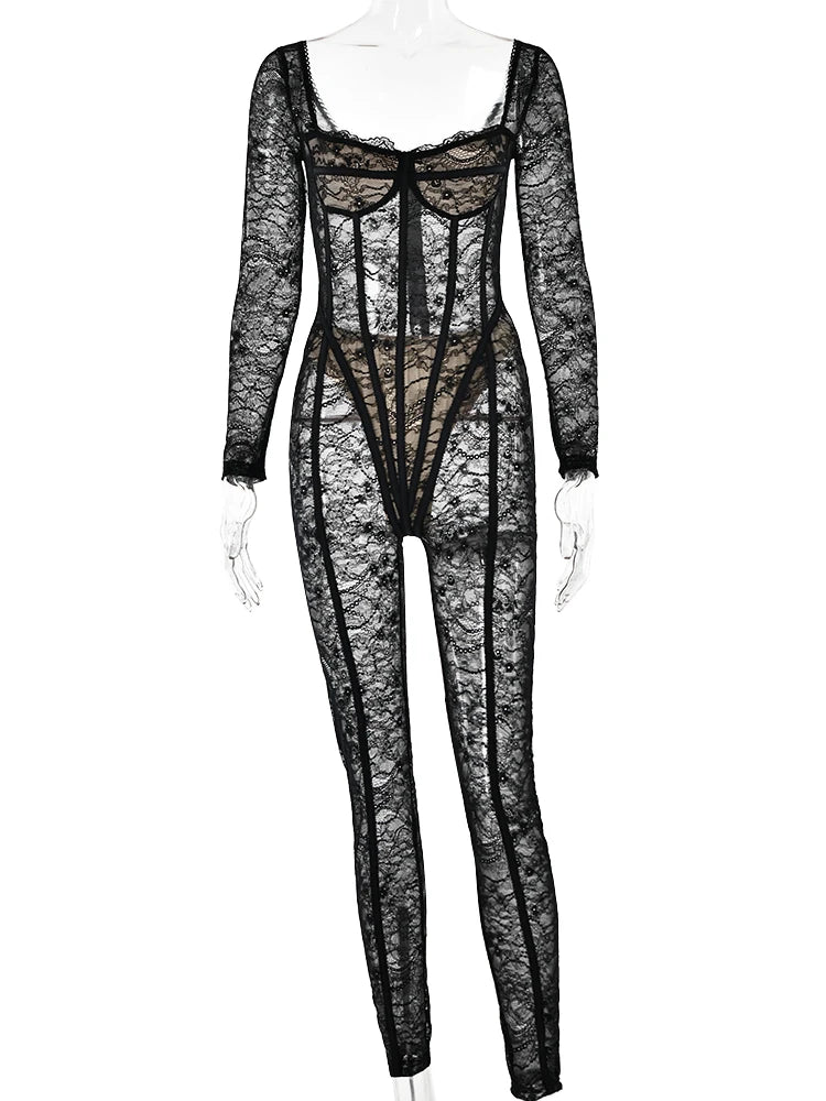 Fantoye Sexy See Through Lace Floral Women Jumpsuit White Long Sleeve Hollow Out Jumpsuit Autumn Bodycon Elegant Party Clubwear