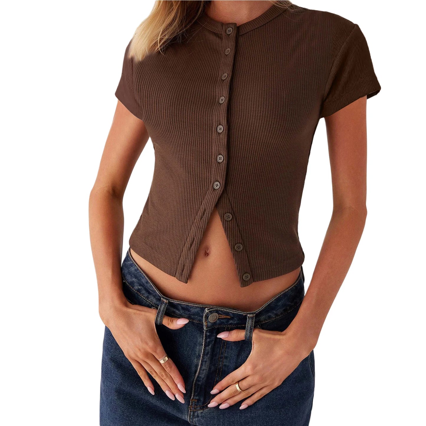 Sumemr Short Sleeve T Shirts for Women Ribbed Casual Slim Fits Tops Tee Fashion Y2K Clothes T-shirt Solid Button Up Tees Tops