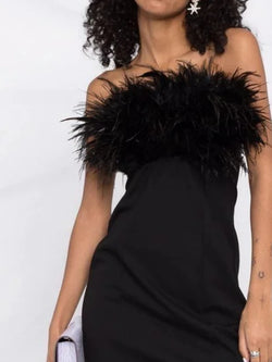 Strapless Feather Design Mini Dress Women Black Backless Mini Slim Slit Dress For Party Chic Evening Dresses