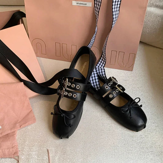 French ballerina ballet flats women's soft leather bow lace-up shallow Metallic belt trim car stitching cross straps belt buckle