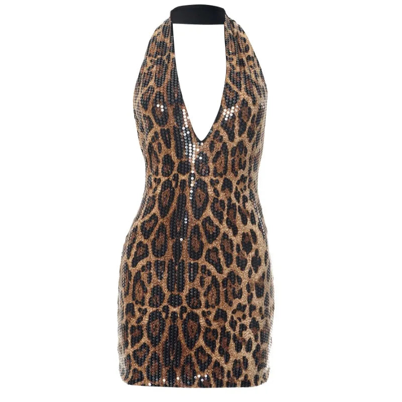 Leopard Sequin Backless Halter Short Dress
