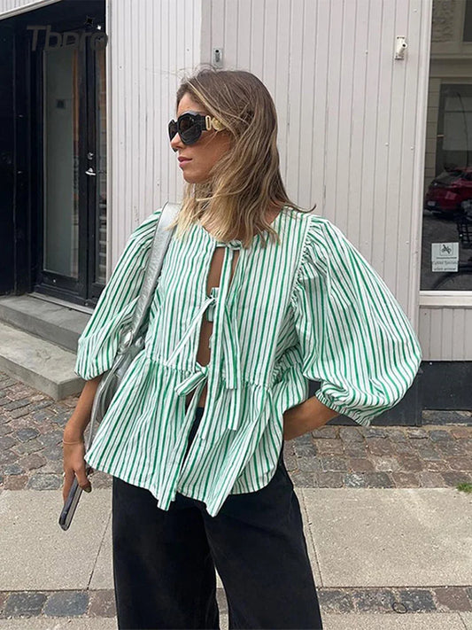 Lace Up Puff Sleeve T Shirt Elegant Casual Loose Round Neck Tops