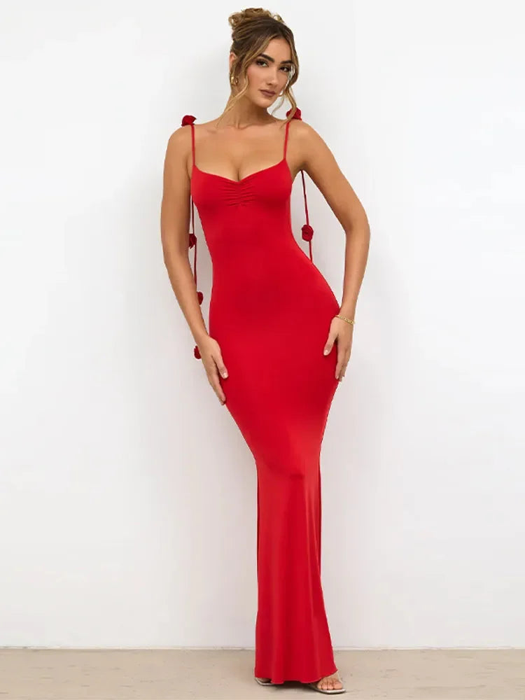 Elegant 3d Flower Red Slim Dress