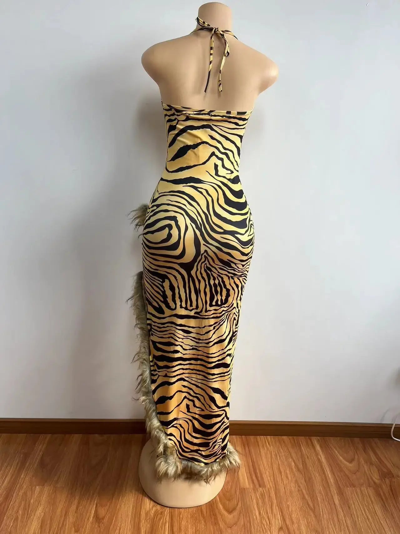 Women Leopard Print Feather High Side Split Strapless Long Midi Dress