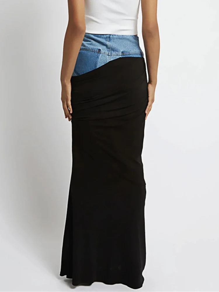 Wome Skirts High Waist Deconstruct Patchwork Panelled Asymmetry Denim Long Skirt