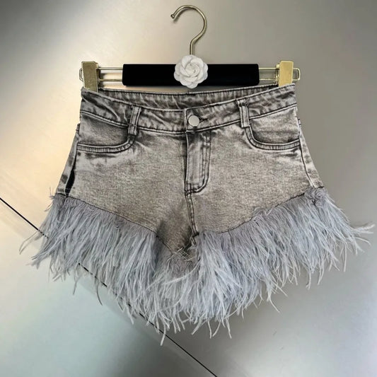 High Waist Feathers Tassel Grey Slim Denim Shorts