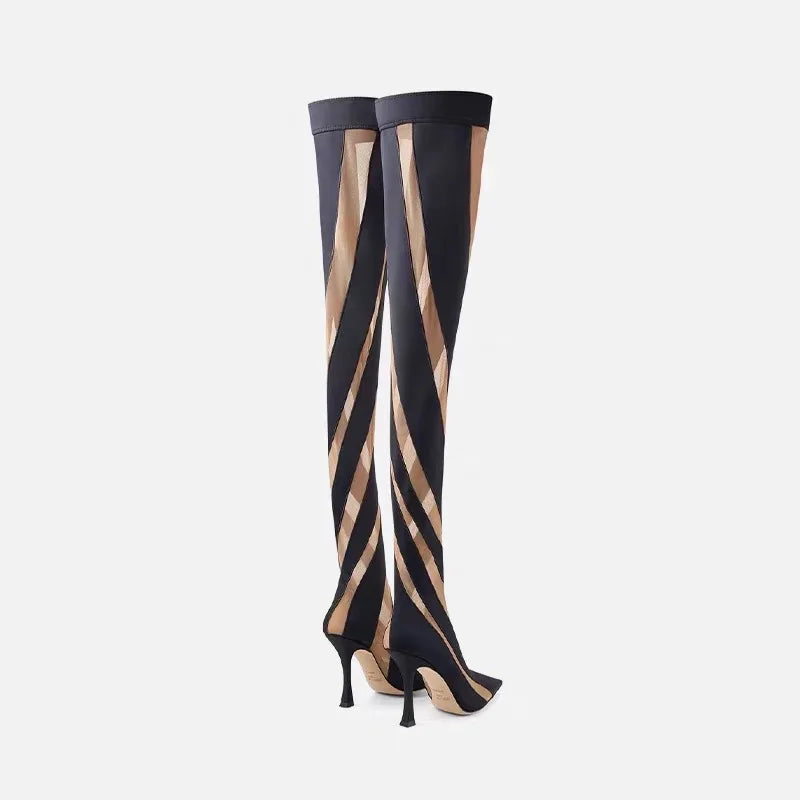 Mesh Over-Knee Elastic Boots Pointed Toe Thin Heel