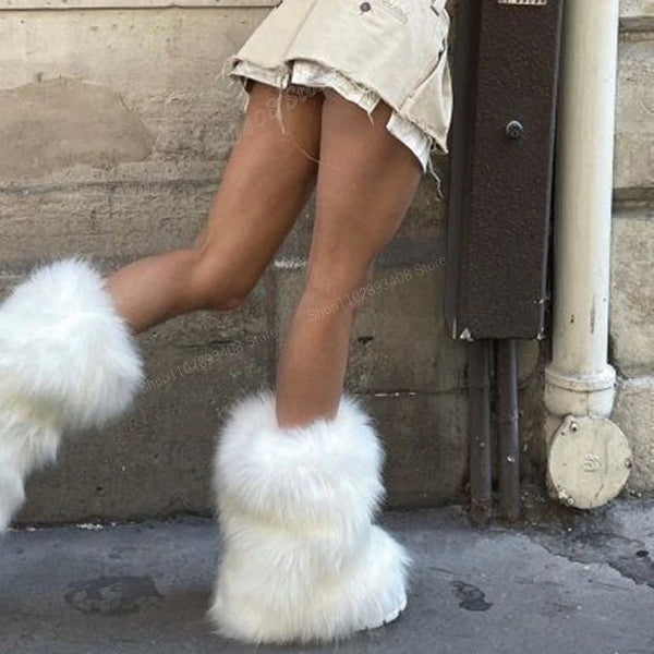 White Fur Decor Snow Mid Calf Boots Round Toe Thick Boots